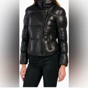 Bod & Christensen Women's Black Leather Puffer Jacket.